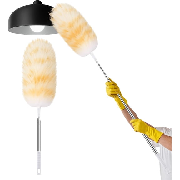 Extendable Lambswool Cleaning Duster 30-96 Inch, Wall Duster Cleaner with Stainless Steel Extension Pole for High Ceiling Fan, Interior, and Roof Dusting