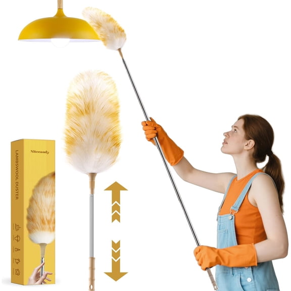 Extendable Lambswool Duster 30-100 Inch, Stainless Steel Long Handle Duster, Natural Feather Duster for Cleaning High Ceilings, Fans, Bookshelves, Interior, Cars, Brown