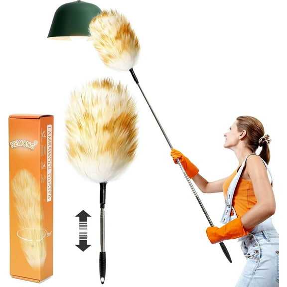 Extendable Lambswool Duster 30-55inch with Aluminium Alloy Handle, Natural Long Feather Duster for Cleaning Fans, Ceiling, Bookshelevs, for Home&Office