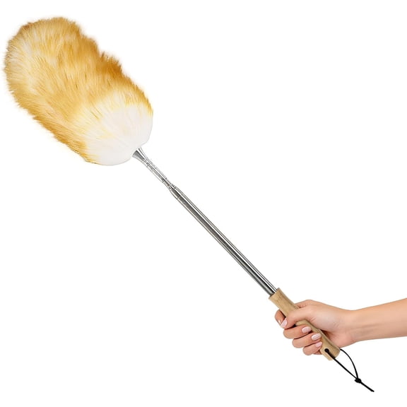 Extendable Lambswool Feather Duster 31-88 Inch, Anti-Static Wool Duster for Cleaning with Stainless Steel Pole - Ideal for High Ceilings, Fans, Interior & Roof (Yellow & White)