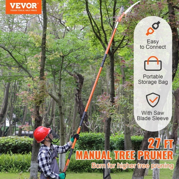 Extendable Manual Pole Saw 8 Fiberglass Handles Sharp Steel Blade and Scissors Tree Pruner for High Branches Palms Shrubs Trimming Orange