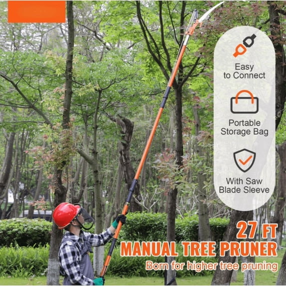 Extendable Manual Pole Saw 8 Fiberglass Handles Sharp Steel Blade and Scissors Tree Pruner for High Branches Palms Shrubs Trimming Orange