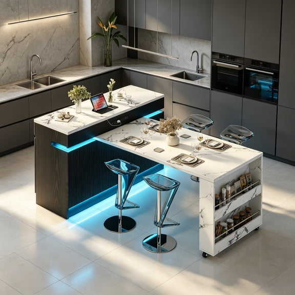 White Marble Kitchen Island with LED Lights and Storage - Walmart.com