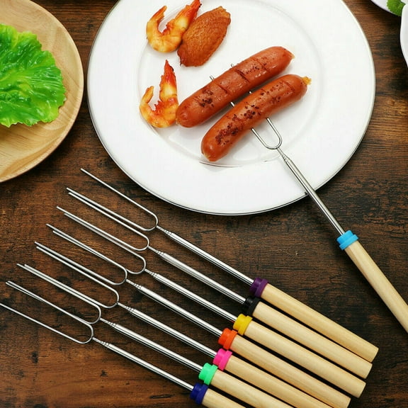 Extendable Marshmallow Roasting Sticks - Set of 8 Telescoping Skewers & Hot Dog Forks with Wooden Handle for Fire Pit Campfire Stainless Steel BBQ Kit for Outdoor Camping