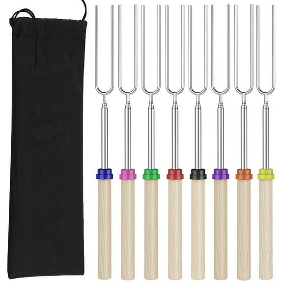 Extendable Marshmallow Roasting Sticks - Set of 8 Telescoping Smores Skewers & Hot Dog Forks with Wooden Handle for Fire Pit Campfire - 32 inch Stainless Steel BBQ Kit for Outdoor Camping