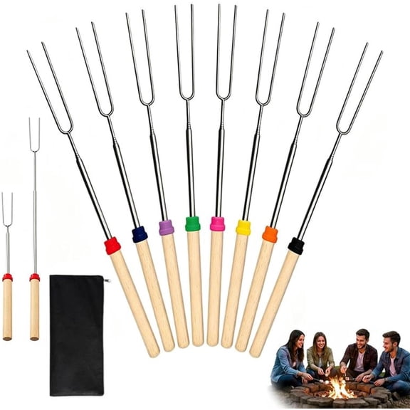 Extendable Marshmallow Roasting Sticks for Fire Pit, 8-Piece Stainless Steel Telescoping BBQ Skewers, Campfire Hot Dog Forks, Set of 8