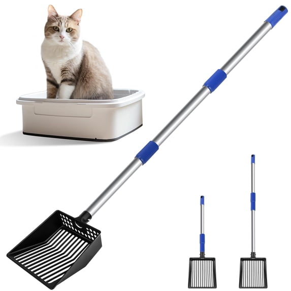 Extendable Metal Cat Litter Scoop with Long Adjustable Handle 21 to 39.5 Inches, Heavy Duty Sifting Shovel for Litter Box, No Bend Design for Cats Chickens Small Pets, Ergonomic Non Slip Grip, Black