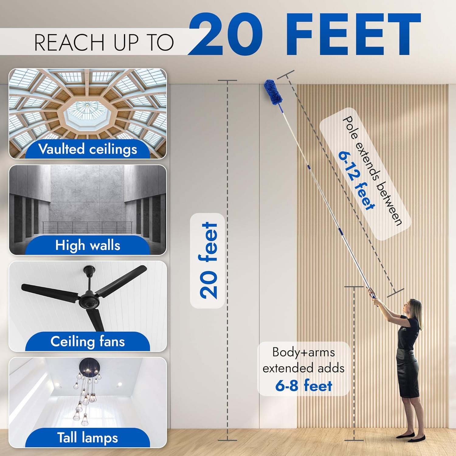 Extendable Microfiber Duster Extension Rod | 20 Foot Reach | Cobweb ...