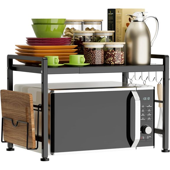 Extendable Microwave Oven Rack - Adjustable Kitchen counter shelf, 2 Tier Microwave Stand (L15.7~23.6" xW12.8 xH17.7) with 6 Hooks for Kitchen Countertop Organizer (Black)