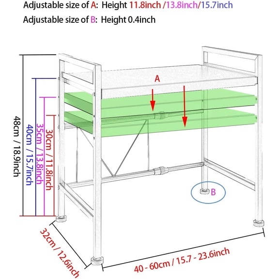 Extendable Microwave Oven Rack, Adjustable Microwave/Toaster Shelf Heavy Duty Stand Kitchen Counter Top Organizer(L15.7~23.6" xW12.6 xH18.9), 2-Tier with 3 Hooks, 160lbs Weight Capacity, White