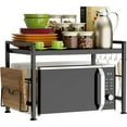 thumbnail image 1 of Extendable Microwave Oven Rack - Adjustable Kitchen counter shelf, 2 Tier Microwave Stand  with 6 Hooks for Kitchen Countertop Organizer (Black), 1 of 10