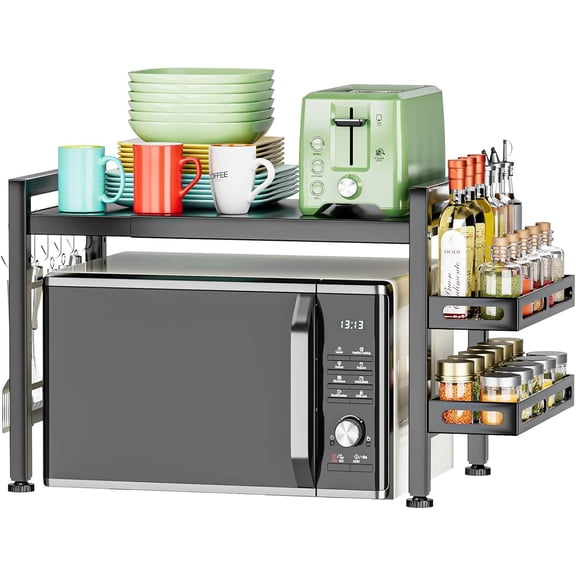 Extendable Microwave Oven Rack - Over Microwave Shelf Countertop 2 Tier Kitchen Microwave Stand (L15.7~23.6" xW12.8 xH17.7) with Spice Rack and 6 Hooks Black