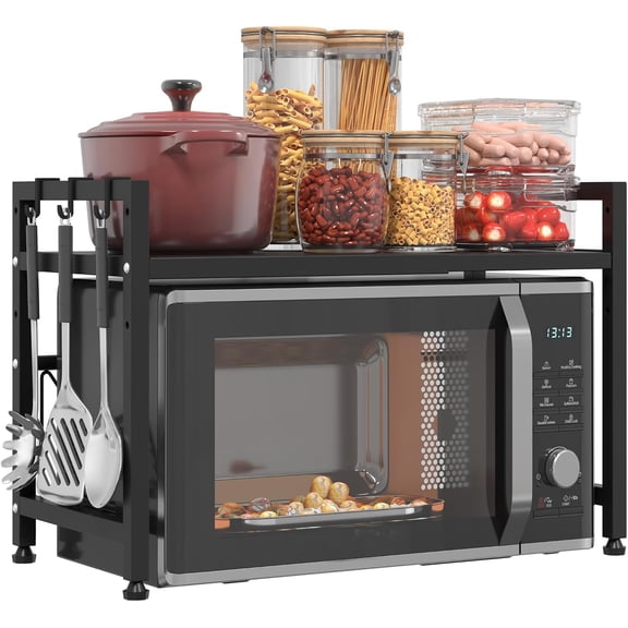Extendable Microwave Oven Stand, Adjustable Microwave Rack Toaster Shelf, Heavy Duty Rack 2 Tier Kitchen Counter Top Organizer with 6 Hooks for Kitchen