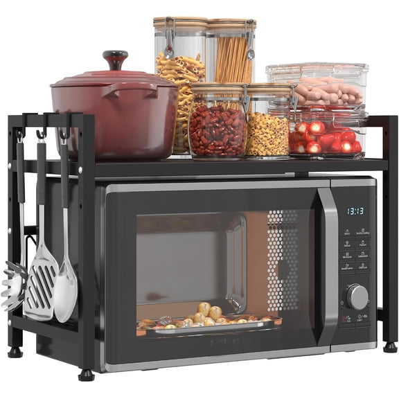 Extendable Microwave Oven Stand, Adjustable Microwave rack Toaster Shelf, Heavy Duty Rack 2 Tier Kitchen Counter Top Organizer with 6 Hooks for Kitchen