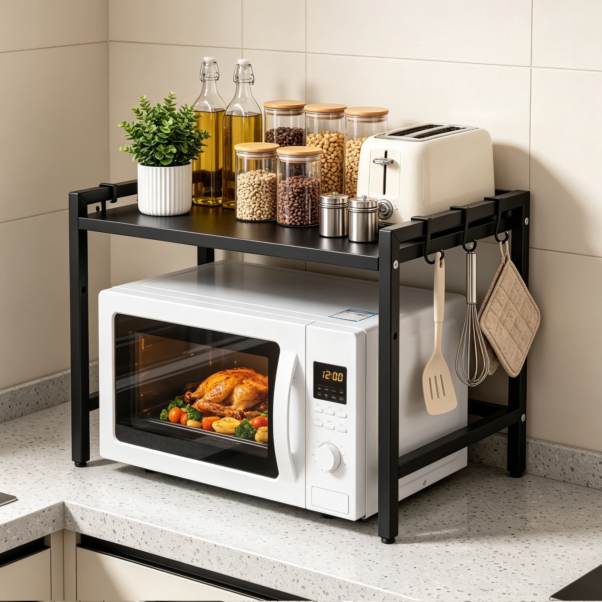 Expandable Microwave Oven Rack, Adjustable Kitchen Counter Shelf, Countertop Organizer, Expandable Storage Rack, Metal Microwave Stand for Kitchen Counter