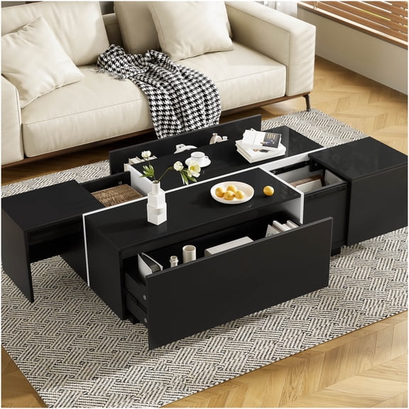 Extendable Modern Coffee Table with Storage, Expandable Design with 2 Drawers & Hidden Compartments, High-Gloss Black Finish for Living Room