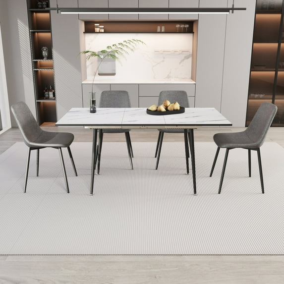 Extendable Modern Dining Table Set with Grey Linen Chairs - 47 to 63 Inch Adjustable MDF Table for 2-6 People, White Metal Base & Contemporary 4-Piece Seating