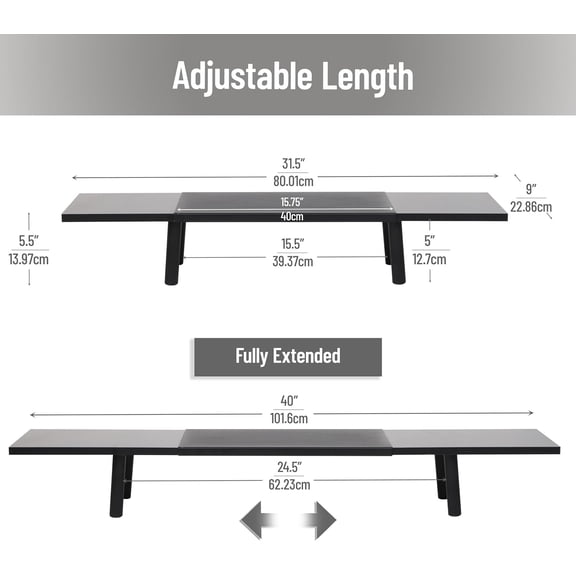 Extendable Monitor Stand, Adjustable Desktop Riser for Dual Monitors, Printers, Laptops, TV, 31.540 Inch Width, 88 lb Capacity, Metal and MDF Wood, Black