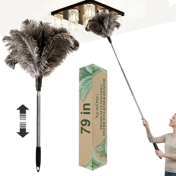 Extendable Ostrich Feather Duster 26"-79", Real Fluffy Ostrich Feather Duster, Telescoping Handle for High Ceiling Cleaning, Fan Dust Removing, Furniture, Car Cleaning Standard Threaded Interface