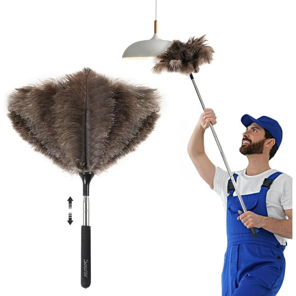 Extendable Ostrich Feather Duster - 40 inches Fluffy Long Handle Reusable Feather Duster for Cleaning Ceiling Fan,Pendant lamp, High Ceiling, Blinds, Furniture