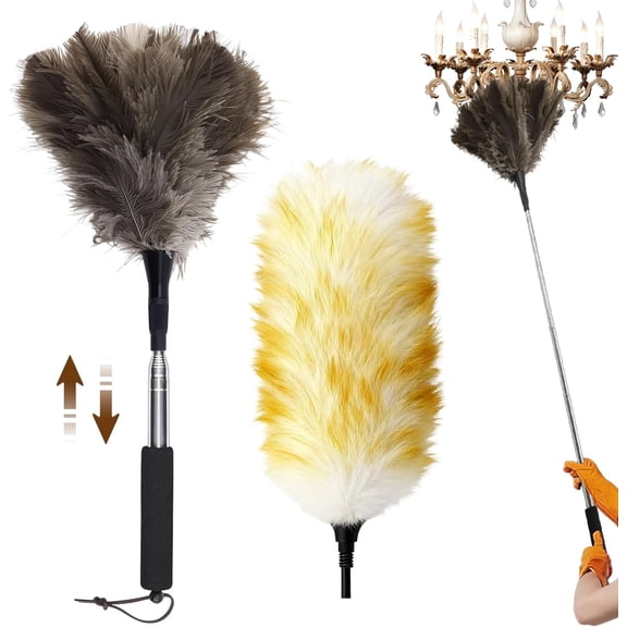 Extendable Ostrich Feather Duster with Bonus Wool Feather Duster Head - Natural Fluffy Non-Slip Handle Feathers Dusters for Cleaning Ceiling Fans, Blinds, Roof Dusting, High Surfaces (18-48 in)