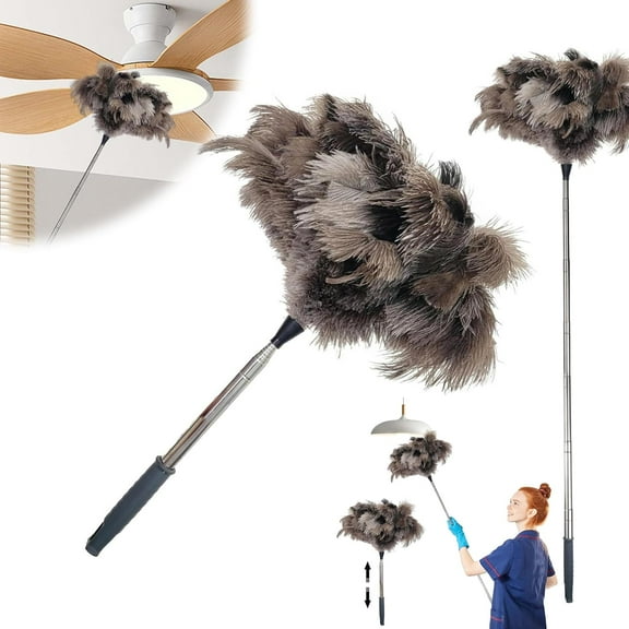 Extendable Ostrich Feather Duster, Feather Duster Pole up to 75 Inch, Fluffy Long Handle Reusable Feather Duster for Cleaning Ceiling Fan,Pendant lamp, High Ceiling, Blinds, Furniture
