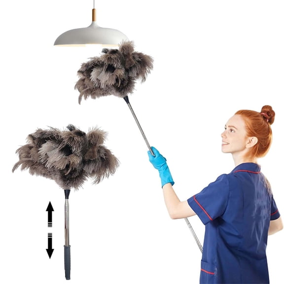 Extendable Ostrich Feather Duster, Scalable Feather Duster 75 Inch Long Reusable Duster for Cleaning Ceiling Fans Chandeliers Ceilings Blinds Furniture 75IN