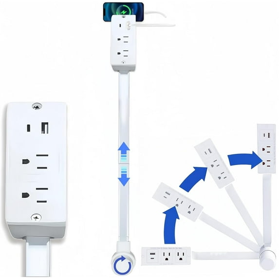 Extendable Outlet Extender Stick 180° Rotating - Extendable Length 22"-27" with USB-C & USB-A Ports Reach Outlets Behind Sofas, Tables & Hard Spots Home & Office Use