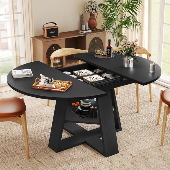 Extendable Oval Dining Table for 4‑6, 43.3-59 Inch, Engineered Wood Round Dining Table with Hidden Extension Storage & Bottom Shelf, Space‑Saving Modern Kitchen Living Room Tables, Black