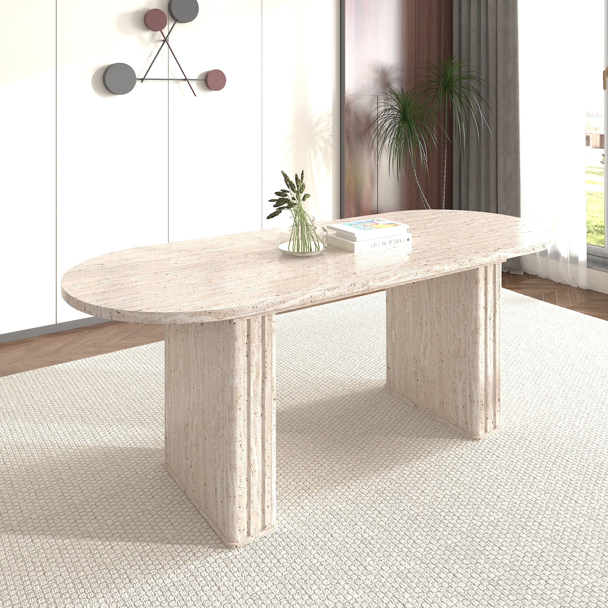 Extendable Oval Dining Table for 4-8 People, Travertine-Inspired Kitchen Table with Wooden Strip Base, Beige MDF Expandable Table for Family Living Room