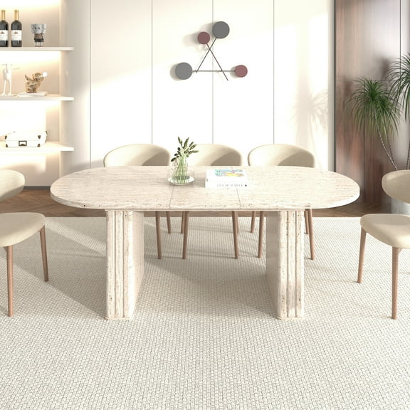 Extendable Oval Dining Table for 4 to 8 People with Wooden Strip Base, Travertine Inspired Finish for Family Kitchen and Living Room