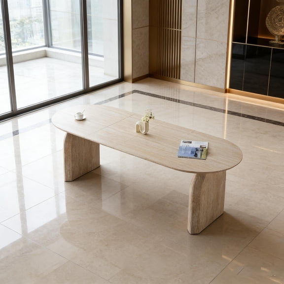 Extendable Oval  Dining Table with Dual-Pillar Base, Modern Design for Home Gatherings, Space-Saving Kitchen Table for Living Room or Dining Room