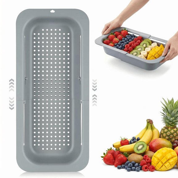 Extendable Over Sink Colander, 13"-19" Adjustable Strainer Basket. Grey, 1 Pack