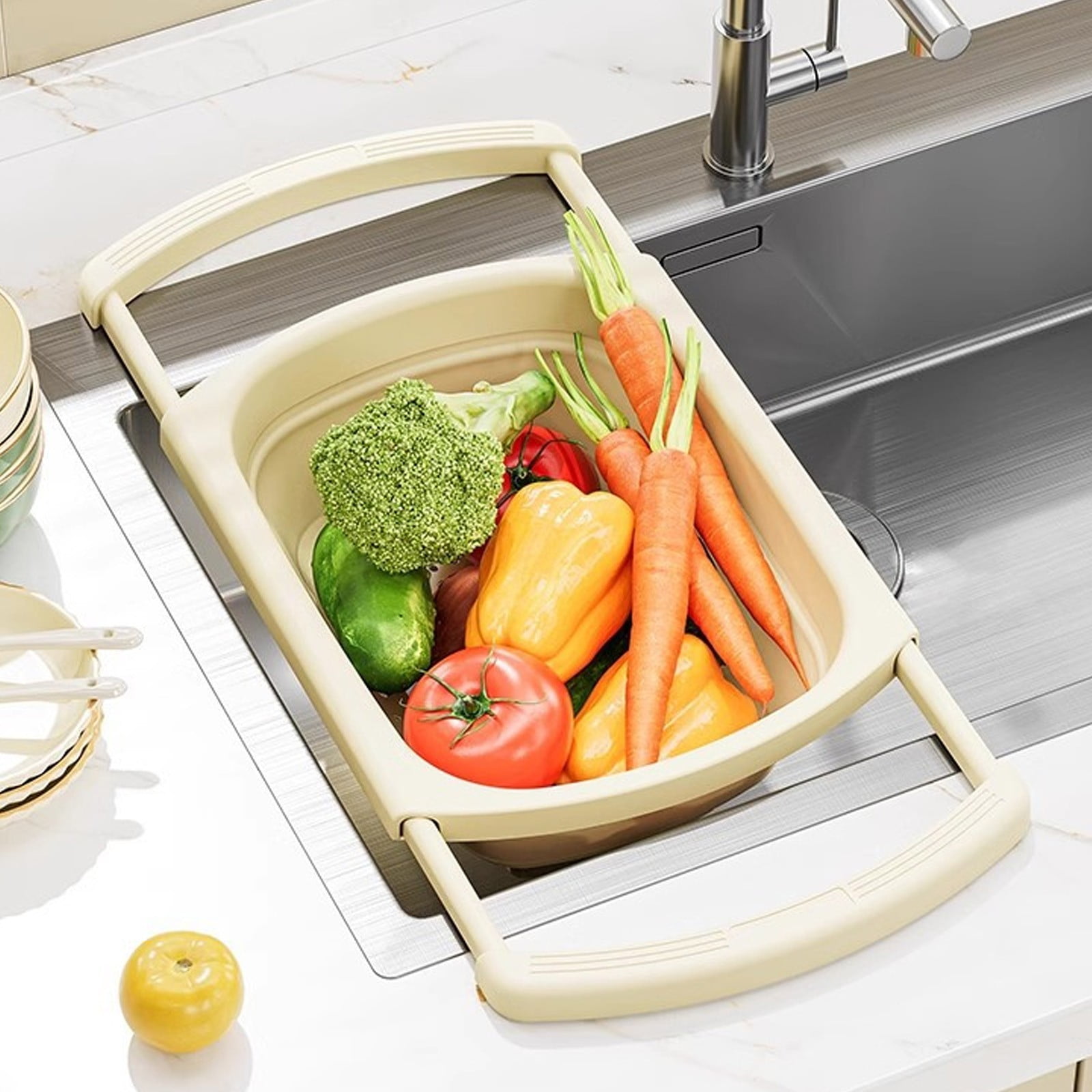 Extendable Over the Sink Colander Fruits and Vegetables Drain Basket Adjustable Strainer Sink Washing Basket for Kitchen