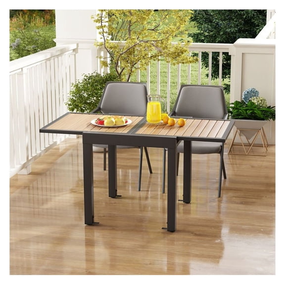 Extendable Patio Table, 31.5-63 Inch Outdoor Dining Table for 4-6 People, Aluminum Metal Table with Slatted Top, Rustproof Garden Furniture for Backyard, Gray & Natural