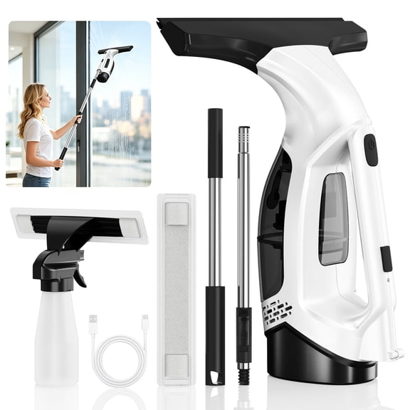 Extendable Pole Window Vacuum Squeegee, Rechargeable Electric Glass Cleaning Tool with 2200mAh Battery & 150ml Water Tank, For Window & Shower Glass Surfaces