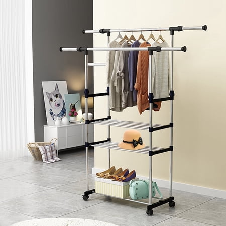 Extendable Rolling Clothing Organizer Double Rods 3 Layers Garment Rack Hold up to 77LBS