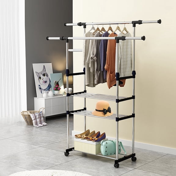 Extendable Rolling Clothing Organizer Double Rods 3 Layers Garment Rack Hold up to 77LBS