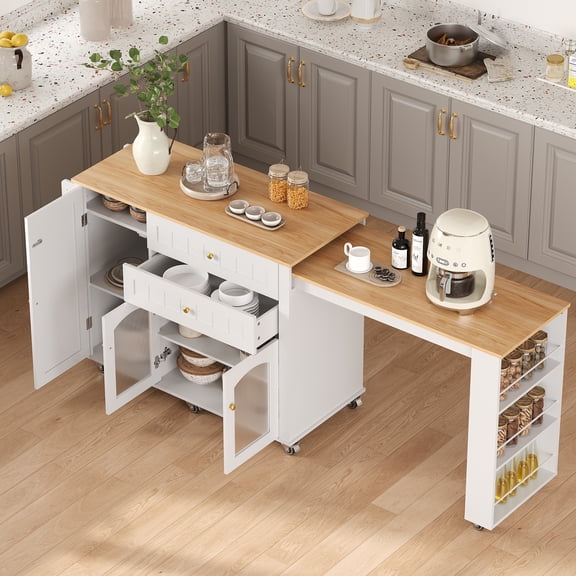 Extendable Rolling Kitchen Island With Dining Table, Drawers And Open Storage Shelves