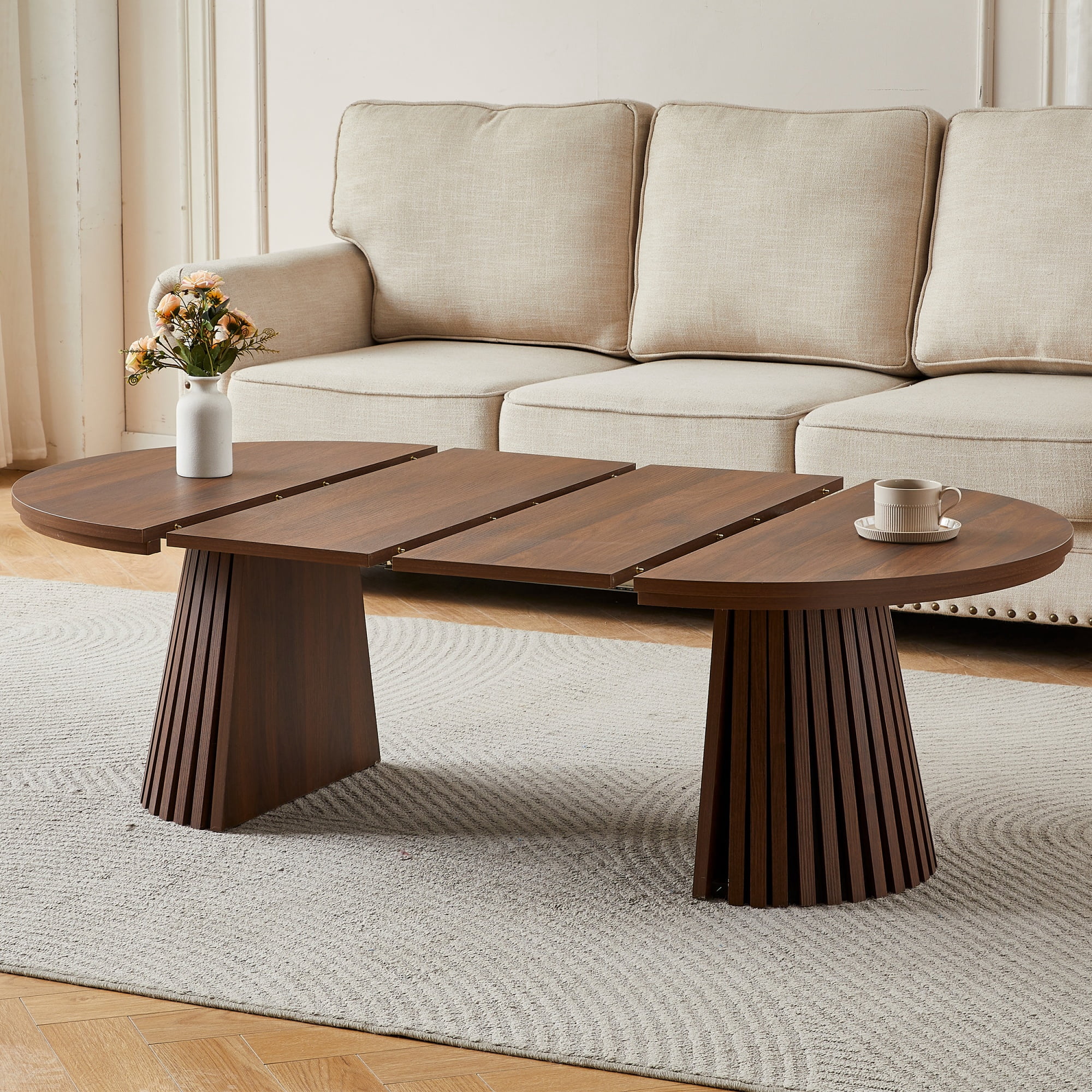 Extendable Round Coffee Table 55.12 Inch, Walnut Wooden Oval Table with Slatted Legs for Living Room Office, Walnut