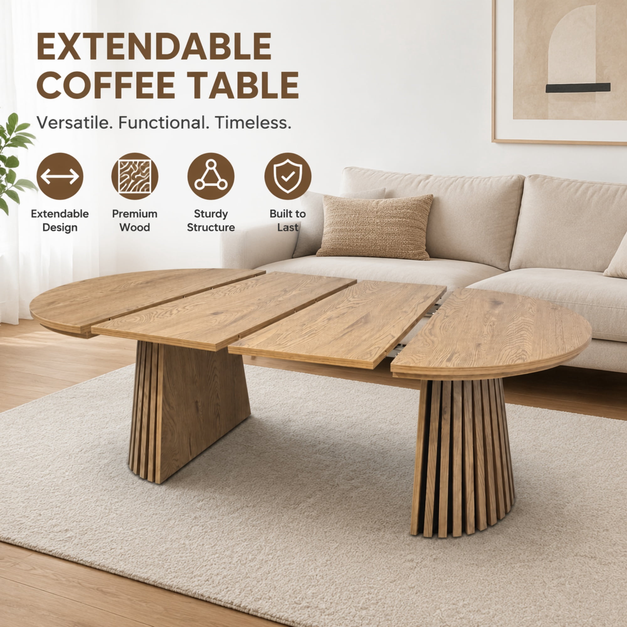 Extendable Round Coffee Table 55 Inch, Wooden Oval Table with Slatted Legs for Living Room Office, Beige and Natural