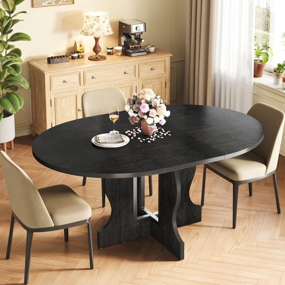 Extendable Round Dining Table for 4-6, 43.3‑59 in Kitchen Oval Dining Table with Heavy Duty Wood Base and Hidden Extension Storage Space Saving, for Kitchen Living Room (Black)