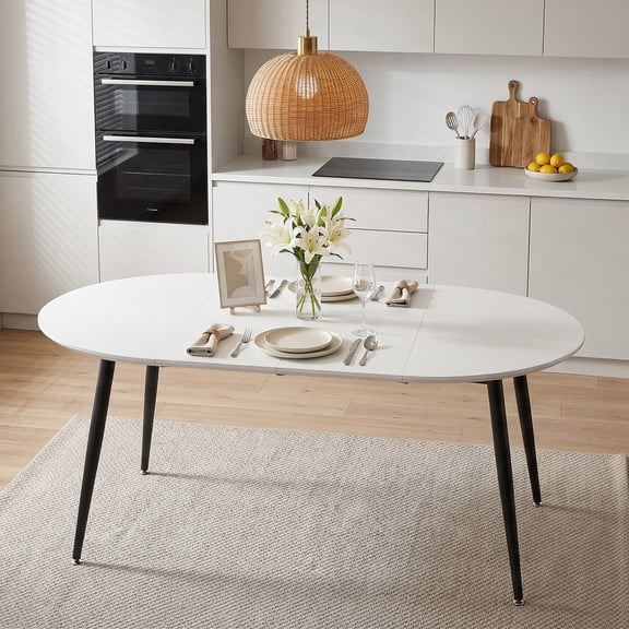 Extendable Round Dining Table for 4 6, 43"- 74" Modern Oval Kitchen TableSolid Wood for Dining Room Kitchen Office, , Removable Leaves Space Saving Expandable Dinner Table White