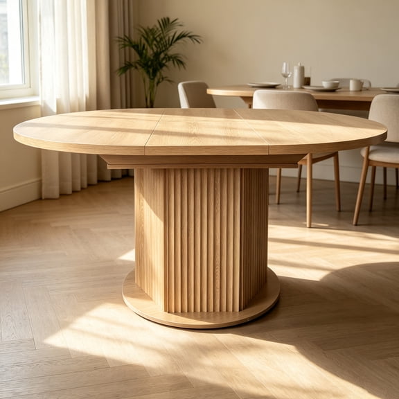 Extendable Round Dining Table for 4-7 People, 47"-78" Modern Oval Kitchen Table with Fluted Base and Storage, Breakfast Dining Table for Gathering, Natural