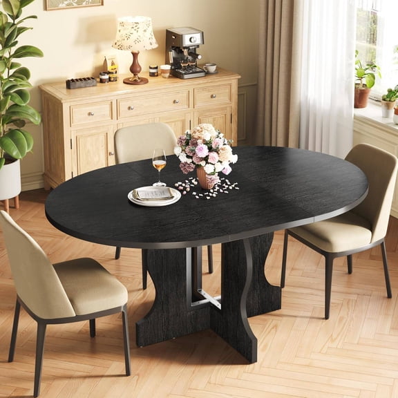 Extendable Round Dining Table for 48, 43.3"59" Kitchen Oval Dining Table with Heavy-Duty Steel Base and Hidden Extension Storage, Space-Saving Design (Black)