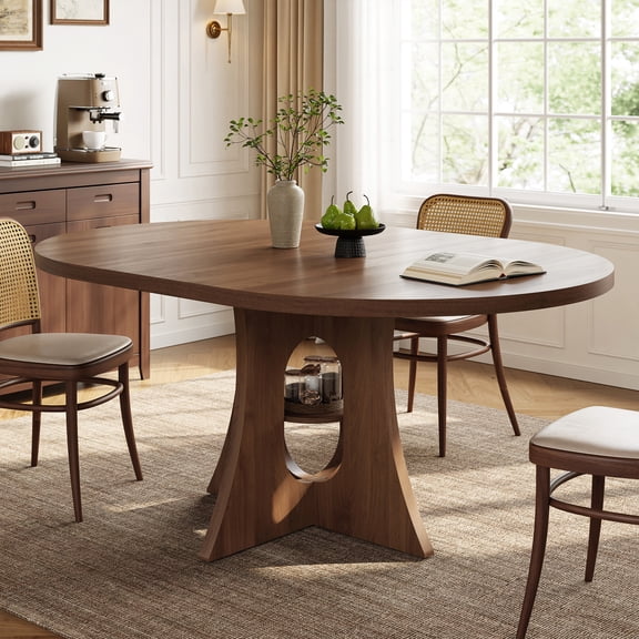 Extendable Round Dining Table for 4-8, 43.3" to 59" Oval Kitchen Table with Removable Leaves, Modern Farmhouse Round Table with Storage Shelf, Space Saving Dining Room Table (Walnut)