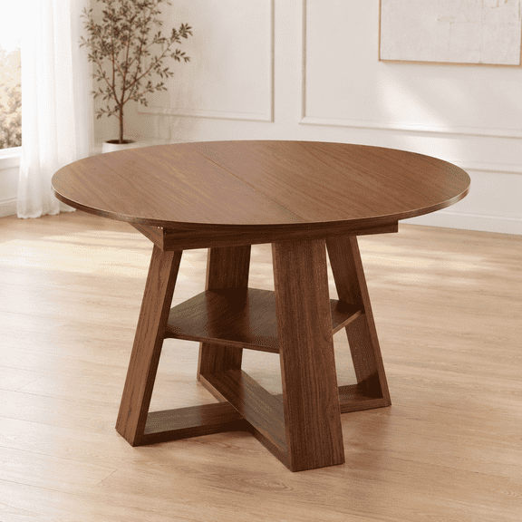 Extendable Round Dining Table for 4-8,Modern Kitchen Oval Dining Table with Removable Leaves Space Saving,Wood Base with Storage Shelf for Kitchen Living Room (Walnut)