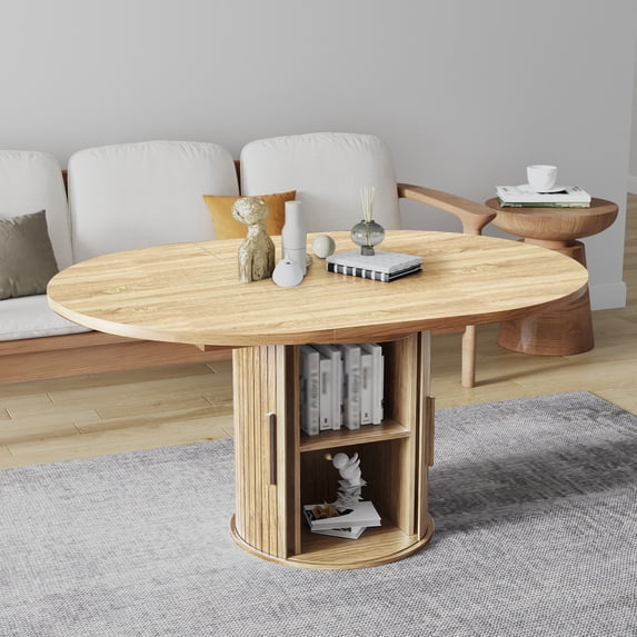 Pusnapku Extendable Circle Dining Table for 4-8, Modern 43"-59" Oval Kitchen Table with Storage, Fluted Sliding Door, Round Pedestal, for Living Room
