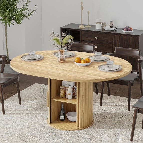 Pusnapku Extendable Dining Table for 4-8, Farmhouse 59" Oval Kitchen Table with Storage & Sliding Door, Round Pedestal Dinner Table for Living Room