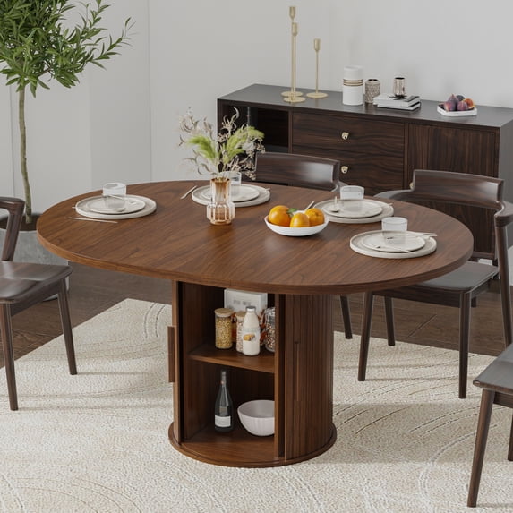 Pusnapku Extendable Circle Dining Table for 4-8, Modern 43"-59" Oval Kitchen Table with Storage, Fluted Sliding Door, Round Pedestal, for Living Room